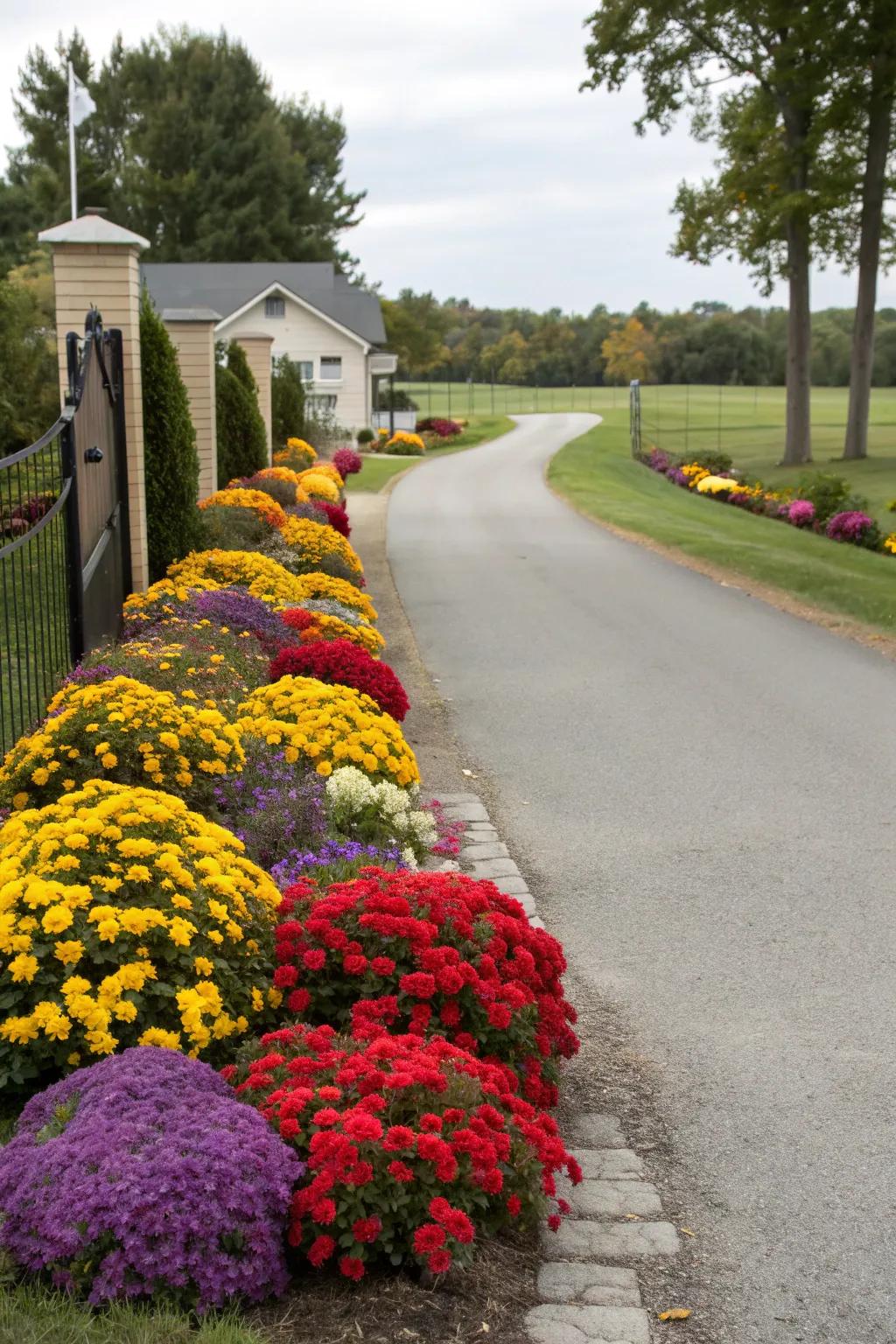 Bright floral borders create a bold and inviting driveway.