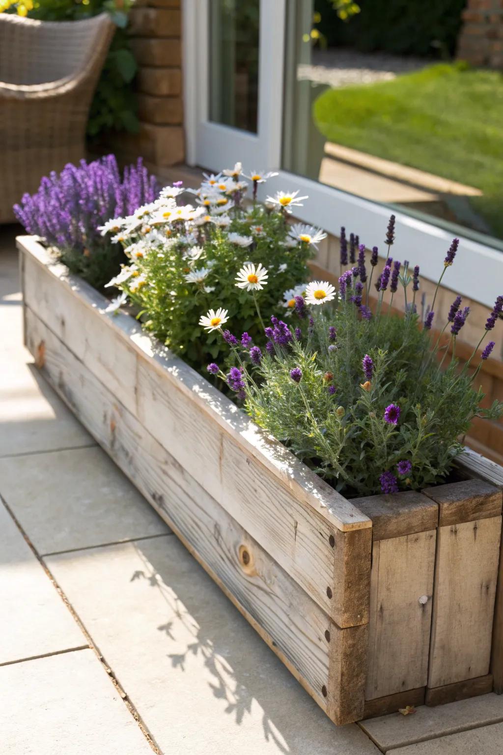 Add rustic charm with a wooden planter box filled with fragrant blooms.