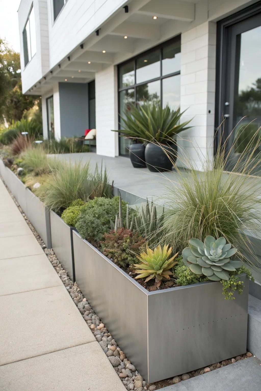 Sleek metal planter boxes for a modern touch.