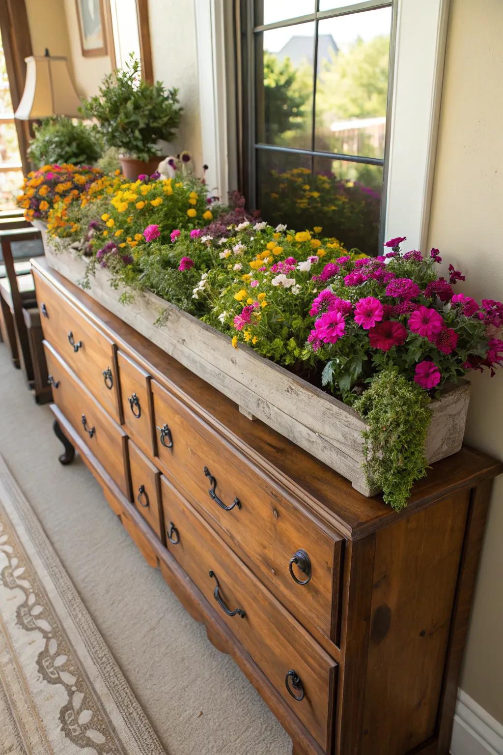 Reclaimed furniture makes for a charming planter box.