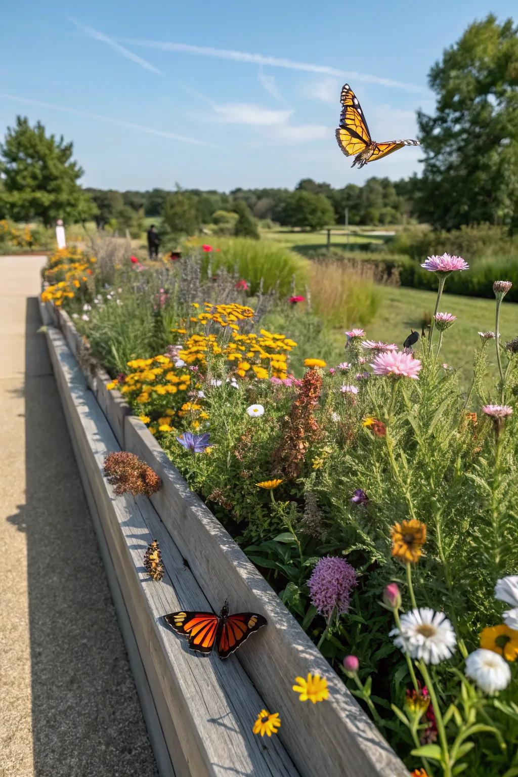 Native wildflower planter boxes support local wildlife.