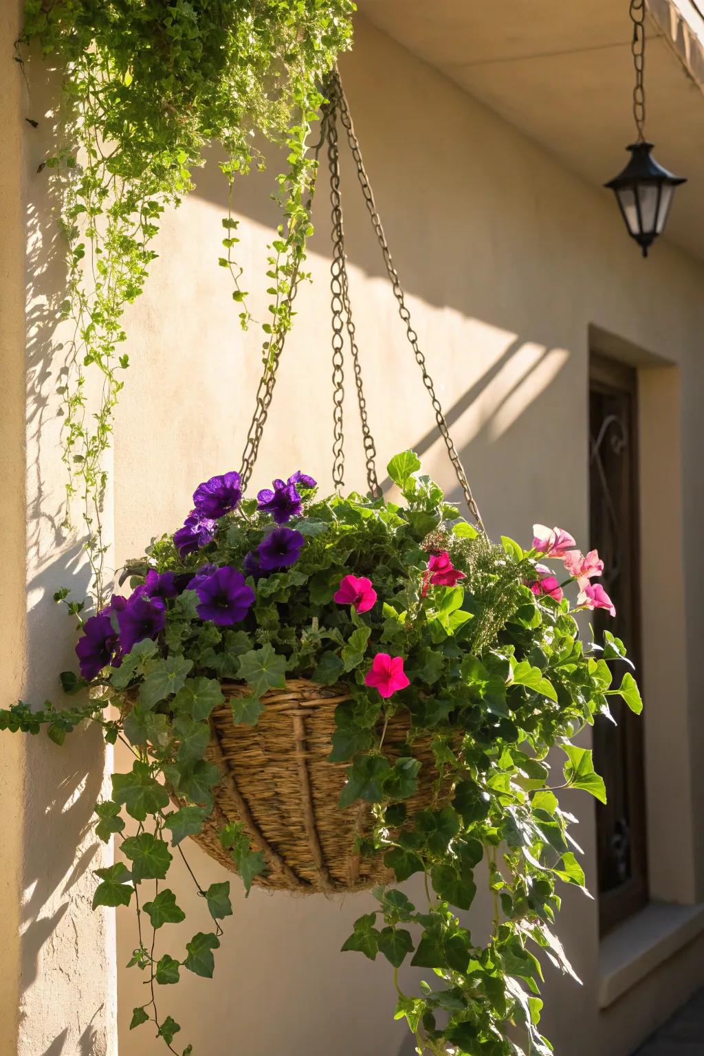 A stunning hanging basket with cascading greenery and flowers.