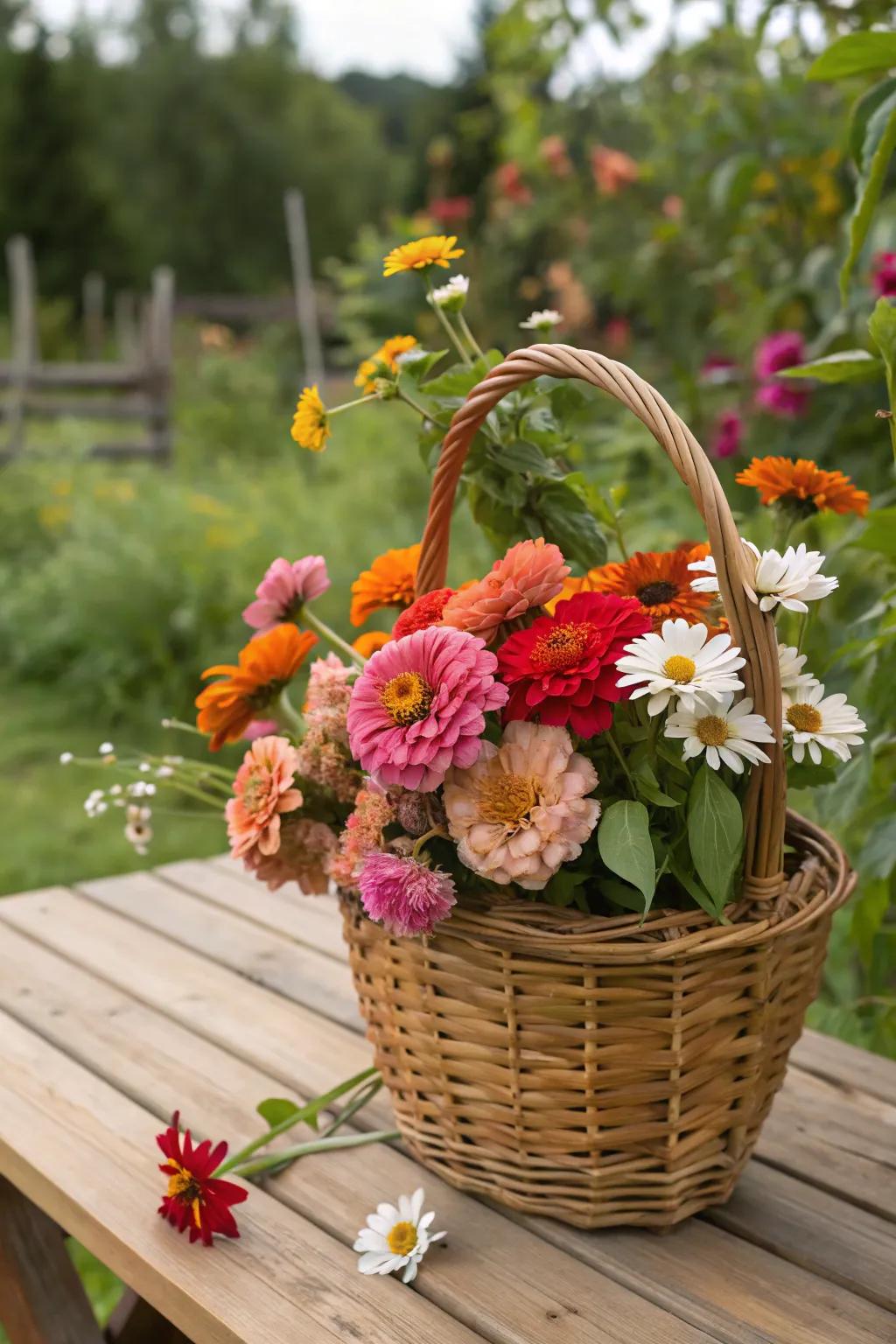 Rustic wicker basket brimming with colorful blooms.