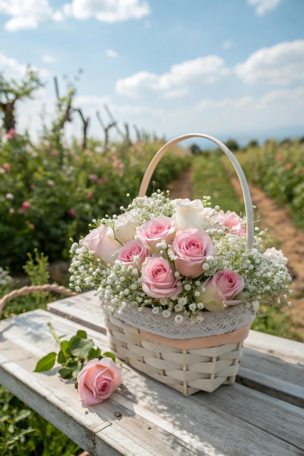 Pastel perfection with roses and baby's breath.