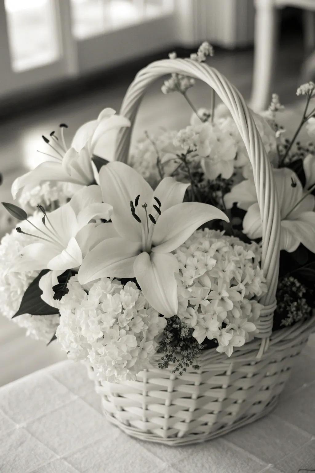 Serenity in monochrome with white blooms.