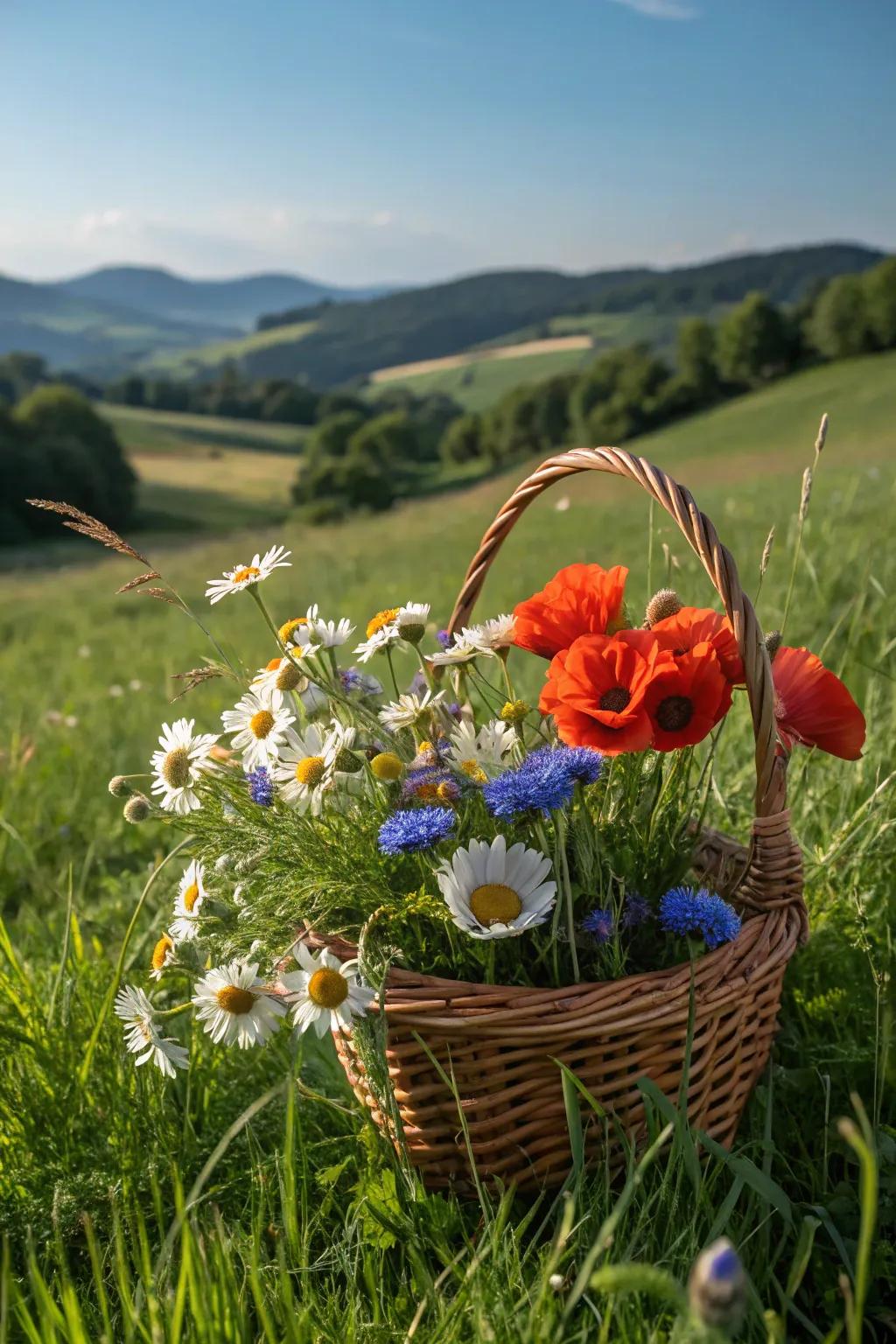 A wildflower meadow captured in a basket.