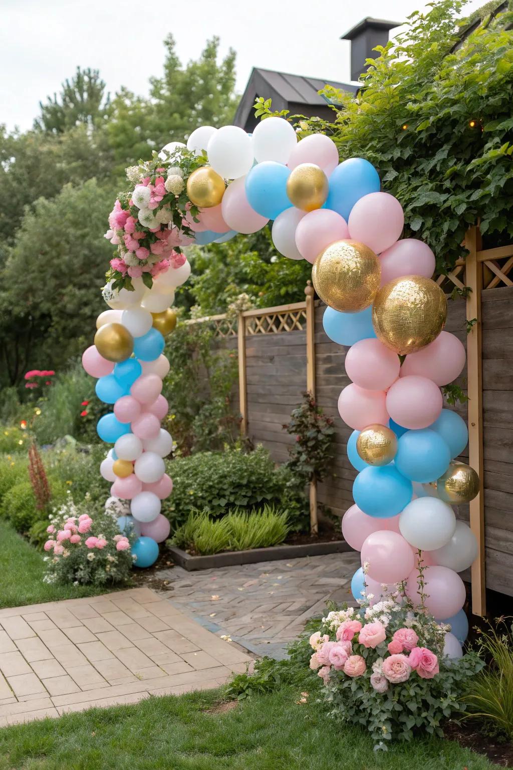 A classic pink and blue balloon arch with a touch of gold.