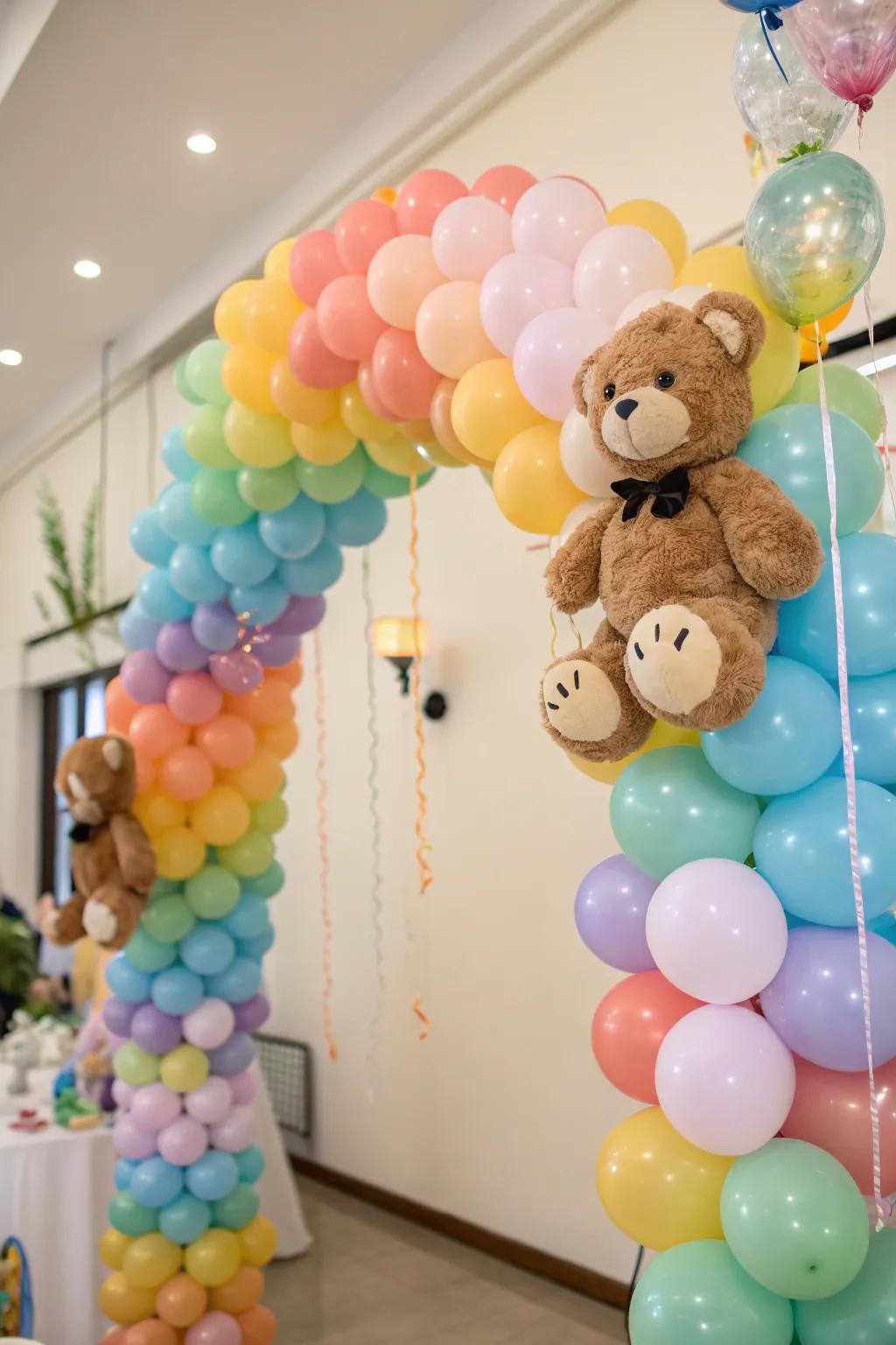 A playful balloon arch with teddy bear accents.