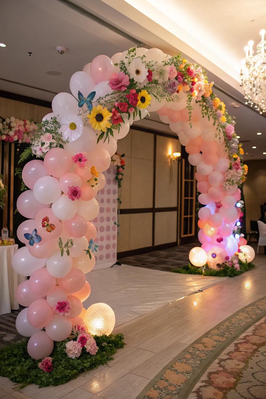 A floral fantasy balloon arch with beautiful flower accents.