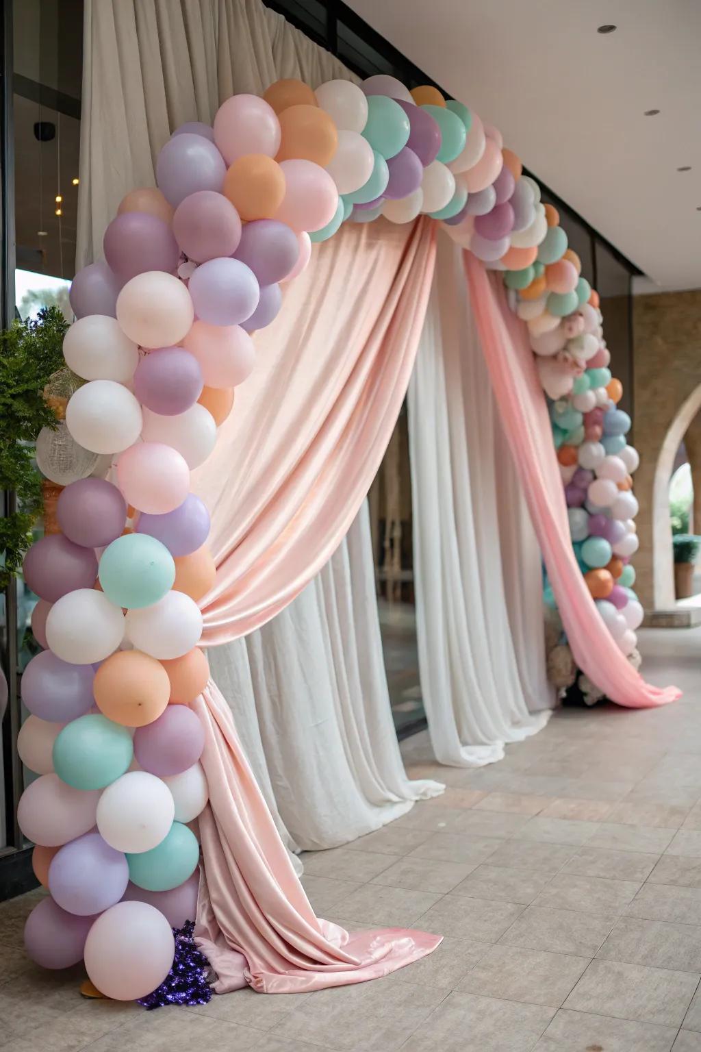 A luxurious balloon arch with the added texture of soft fabrics.