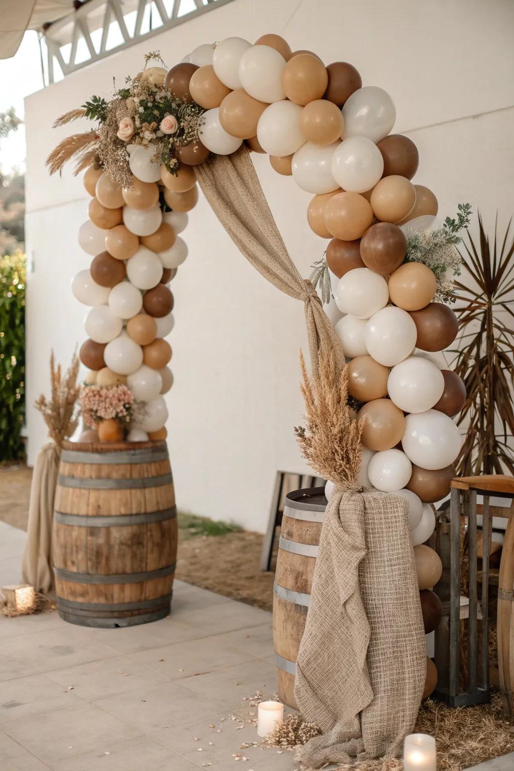 A rustic balloon arch with charming earthy tones.