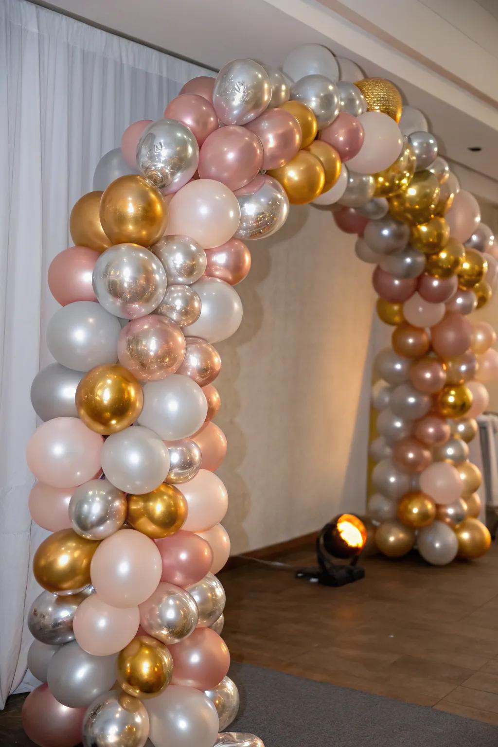 A glamorous metallic balloon arch for a festive touch.
