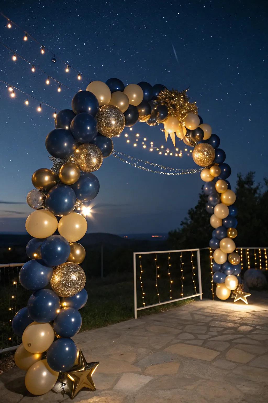 A magical starry night balloon arch with twinkle lights.