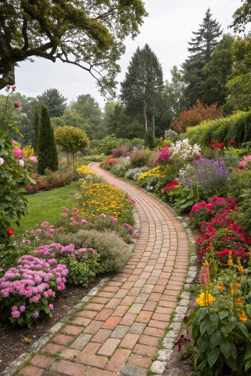 A rustic brick pathway adds charm to any garden.