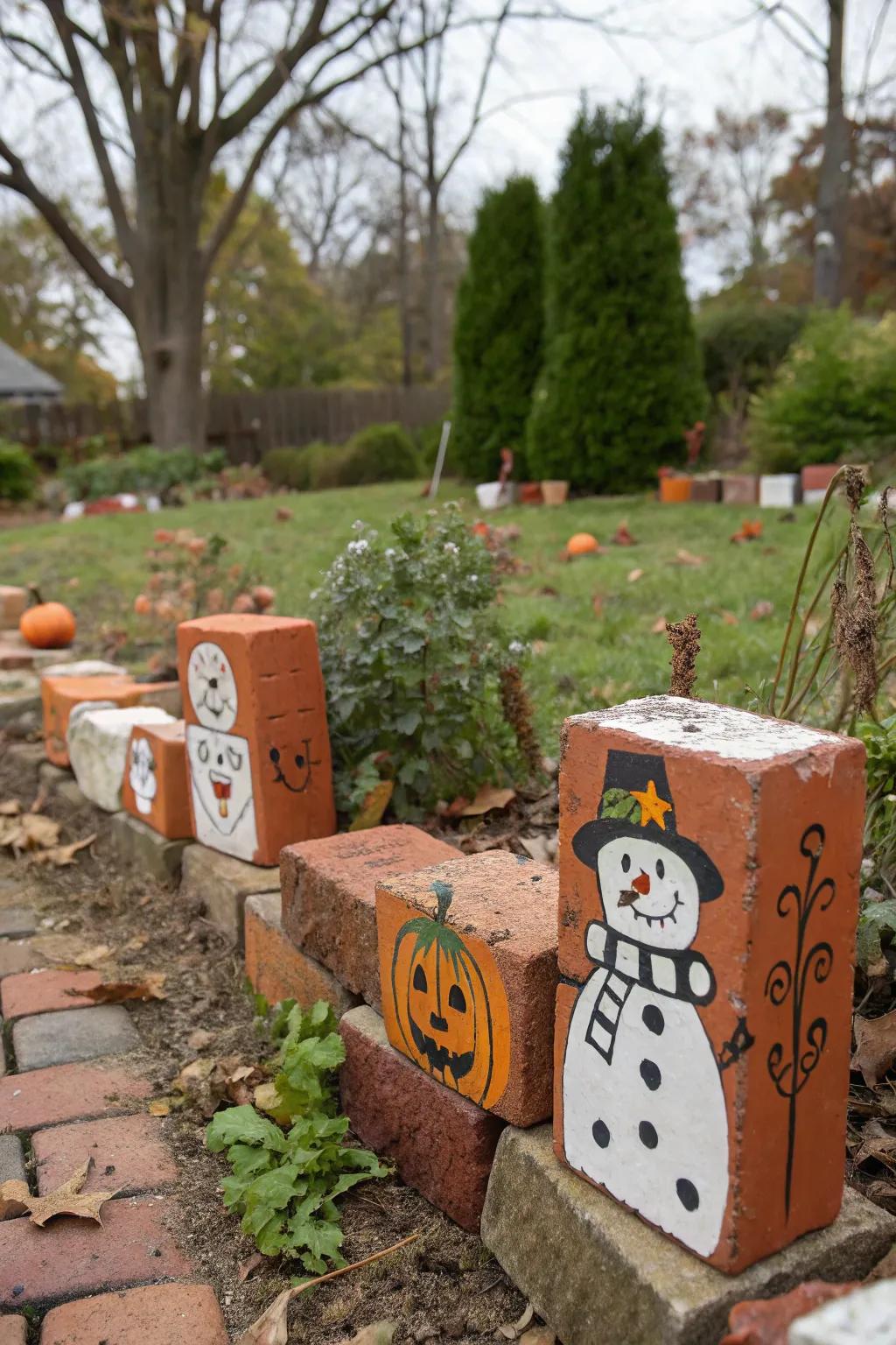 Add festive cheer to your garden with painted brick decorations.