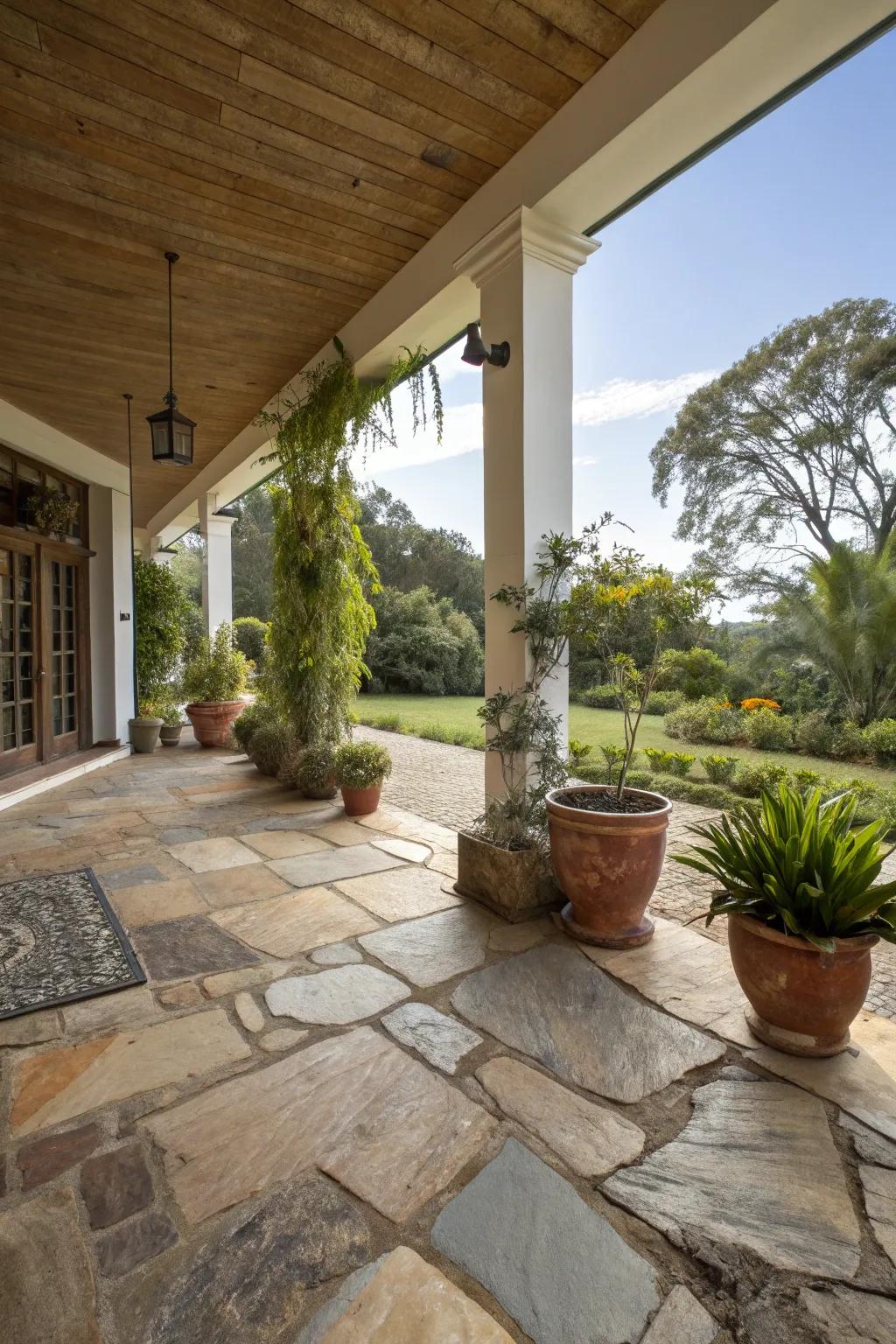 Natural stone flooring adds timeless elegance to this inviting veranda.
