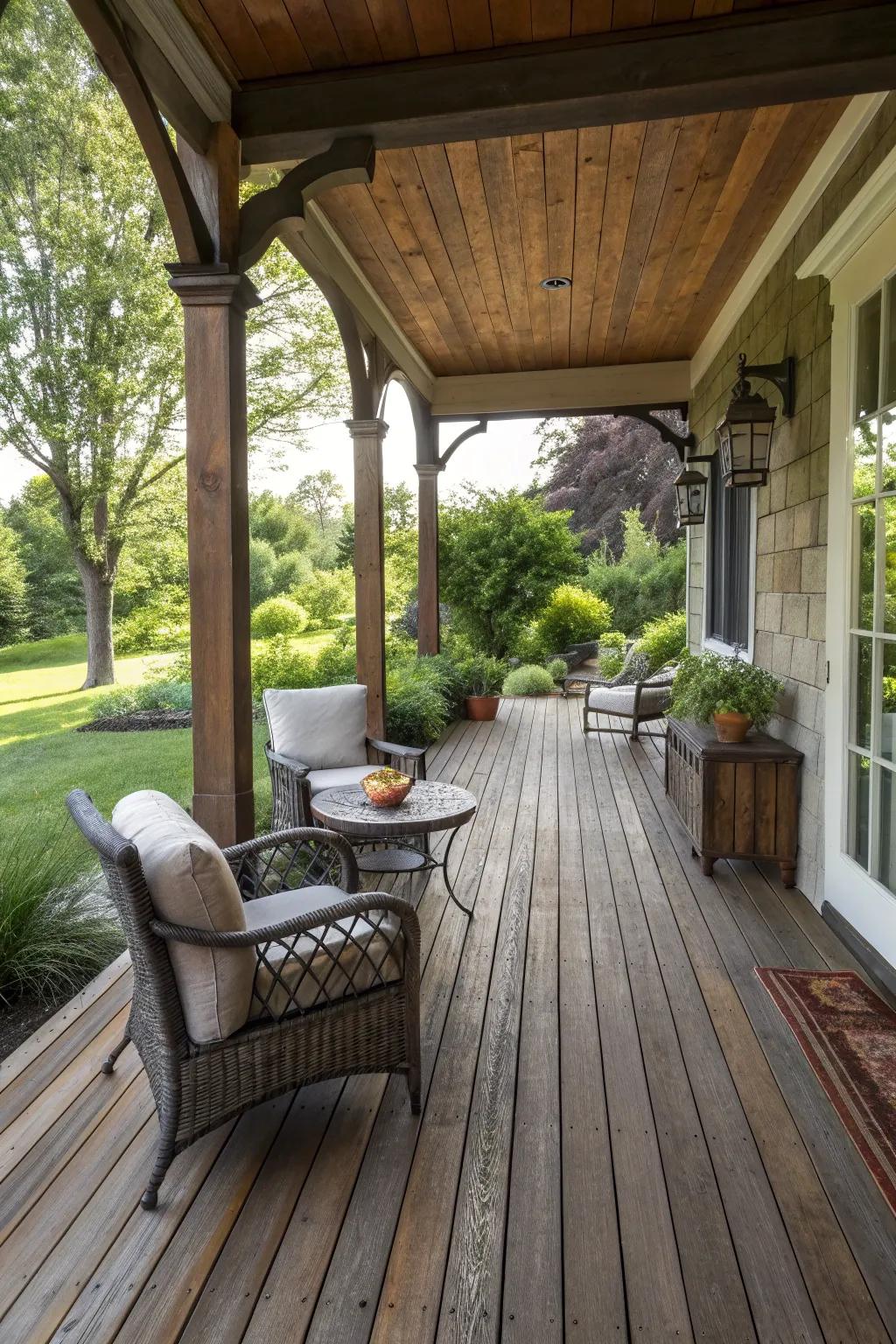 Rich wooden planks create a warm and inviting atmosphere on this veranda.