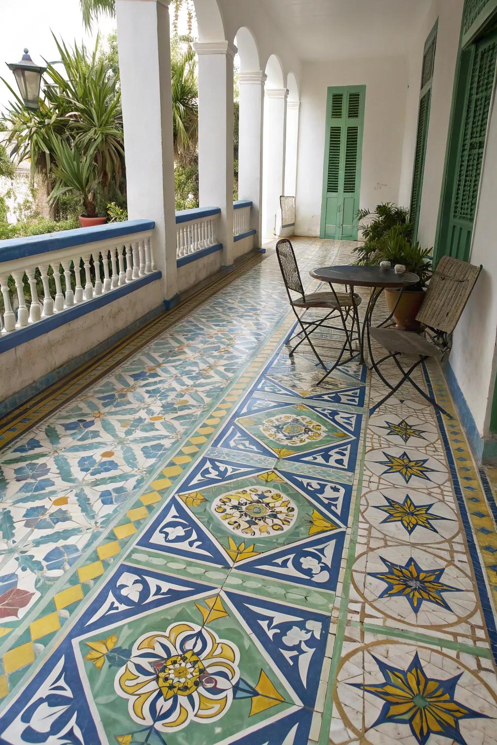 Patterned tiles bring a splash of color and personality to this veranda.