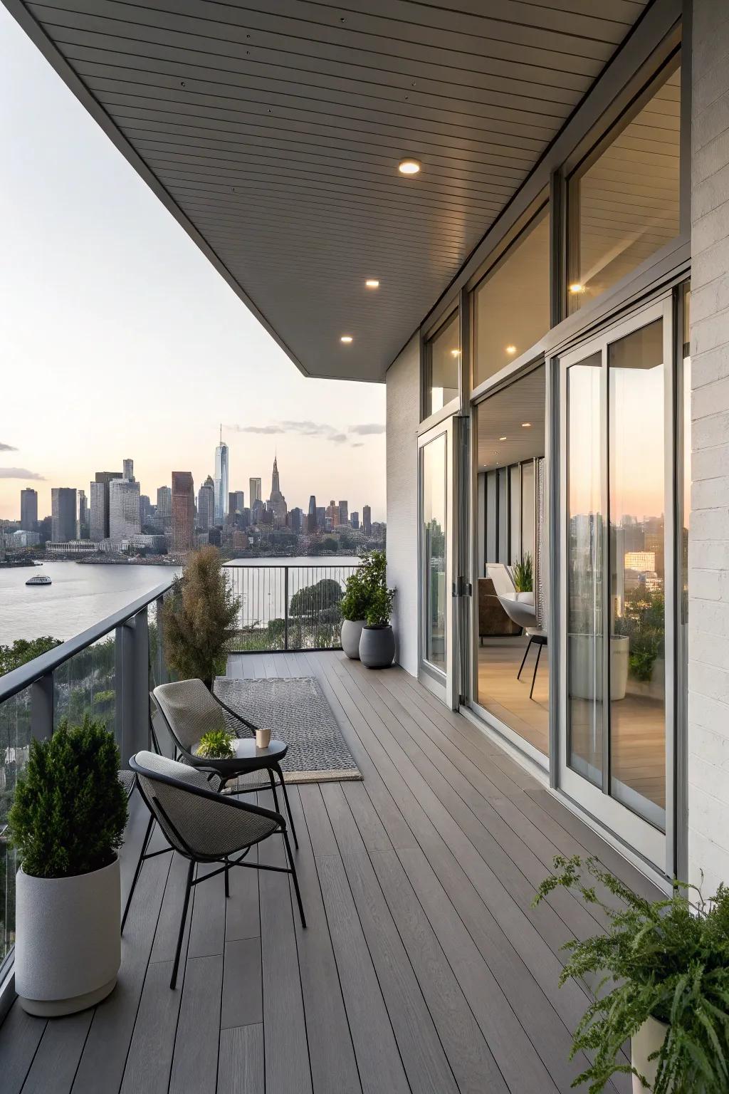 Sleek composite decking provides a modern aesthetic on this urban veranda.
