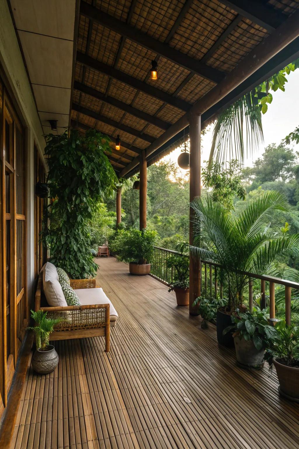 Eco-friendly bamboo flooring enhances the natural beauty of this veranda.