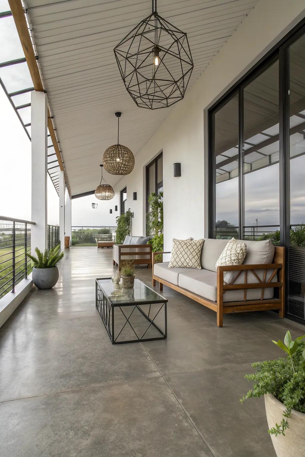 Polished concrete flooring adds a modern industrial touch to this chic veranda.
