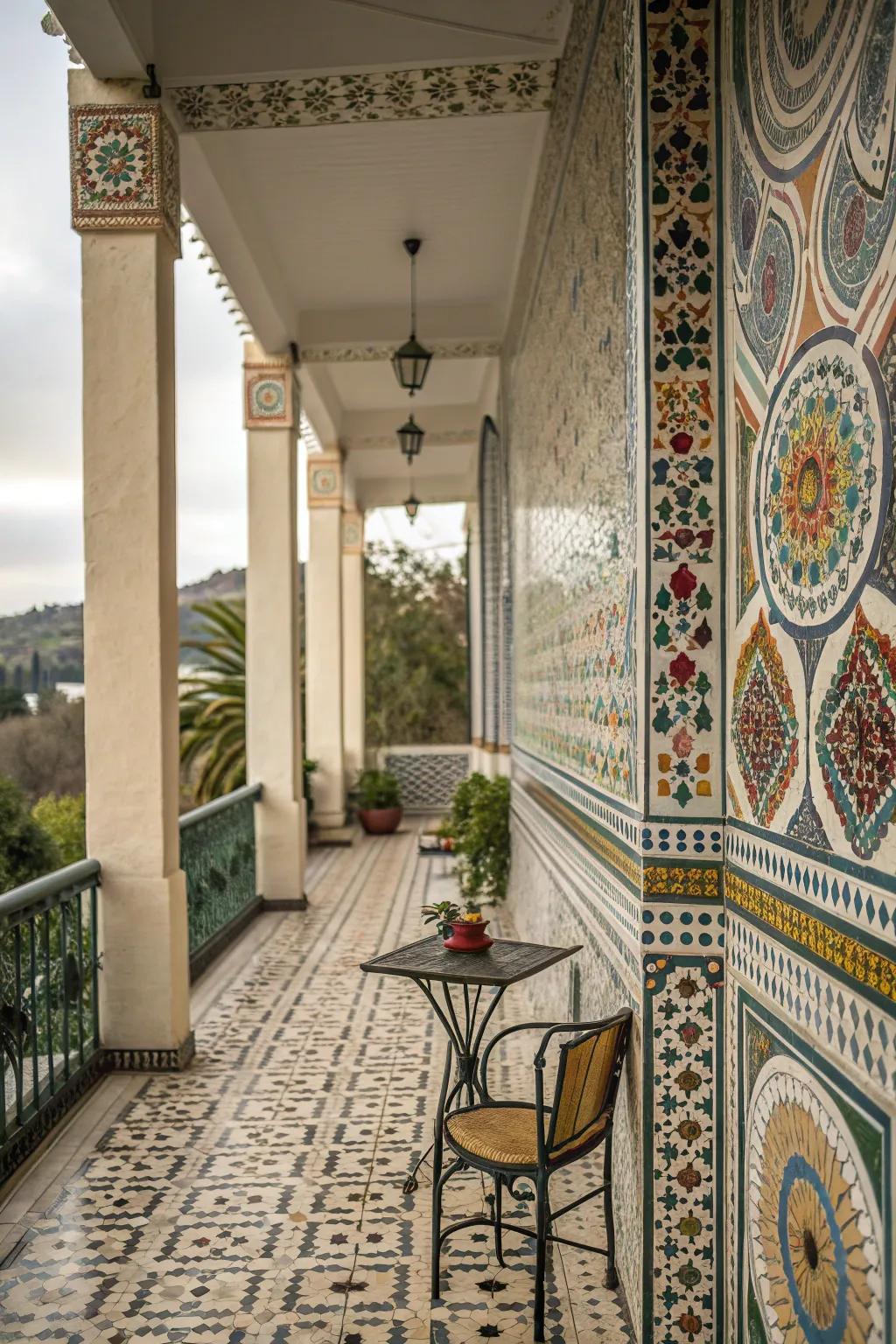 Mosaic tiles transform this veranda into an artistic masterpiece.