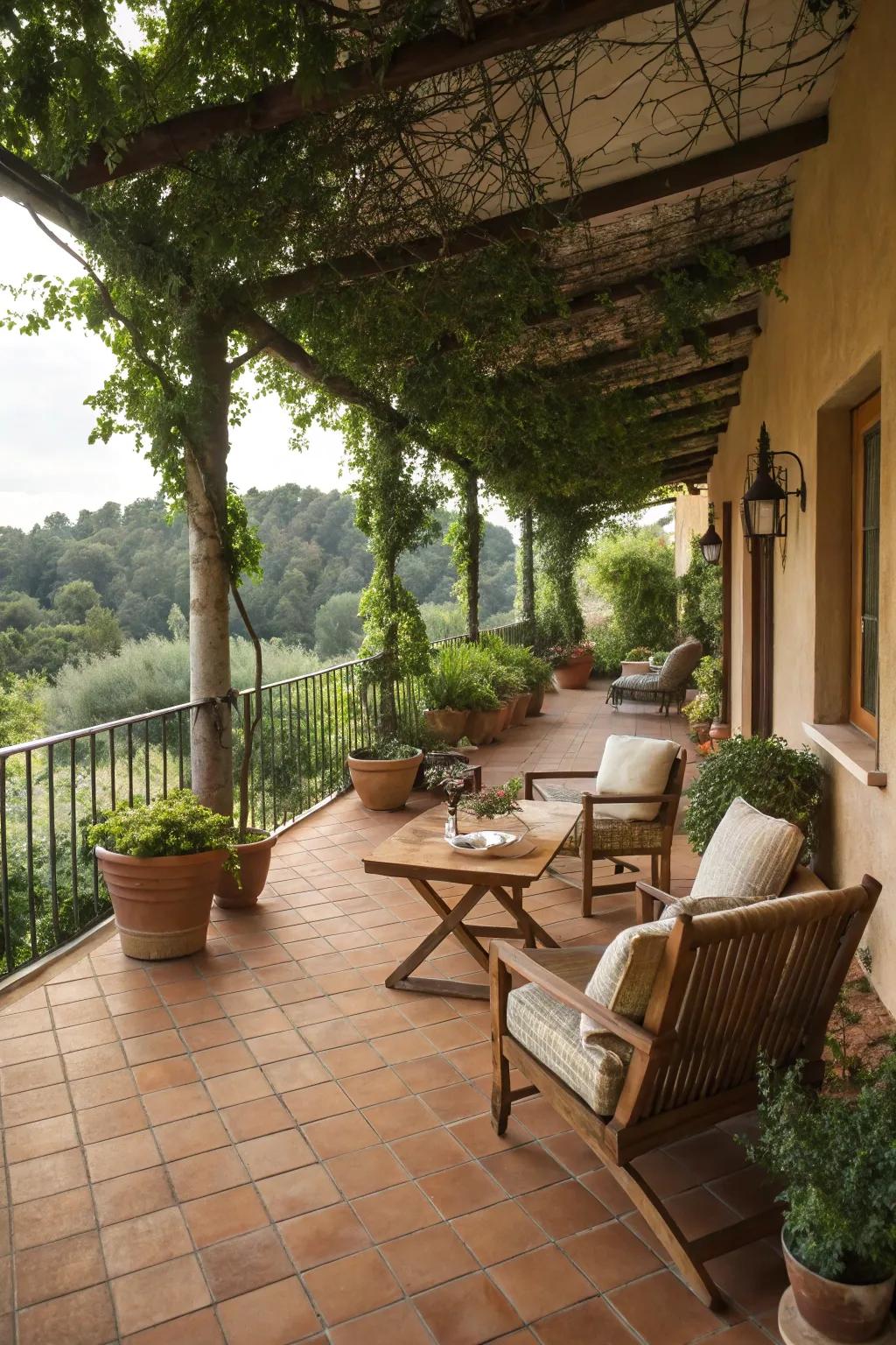 Terracotta tiles add warmth and an earthy appeal to this inviting veranda.