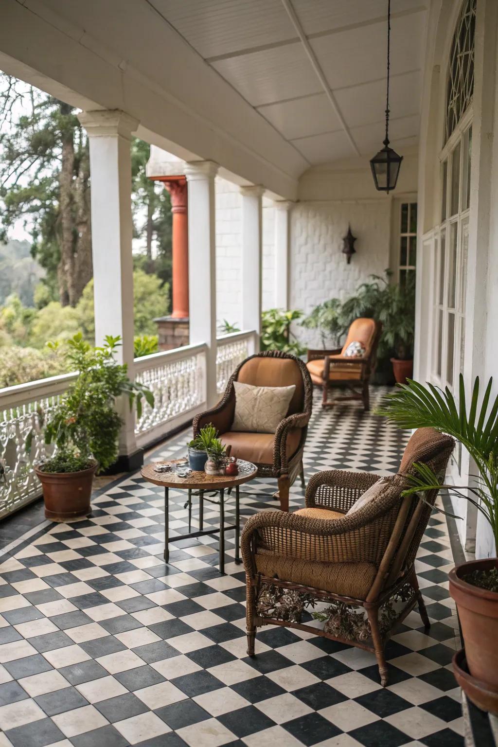 Checkerboard patterns bring a playful, vintage charm to this stylish veranda.