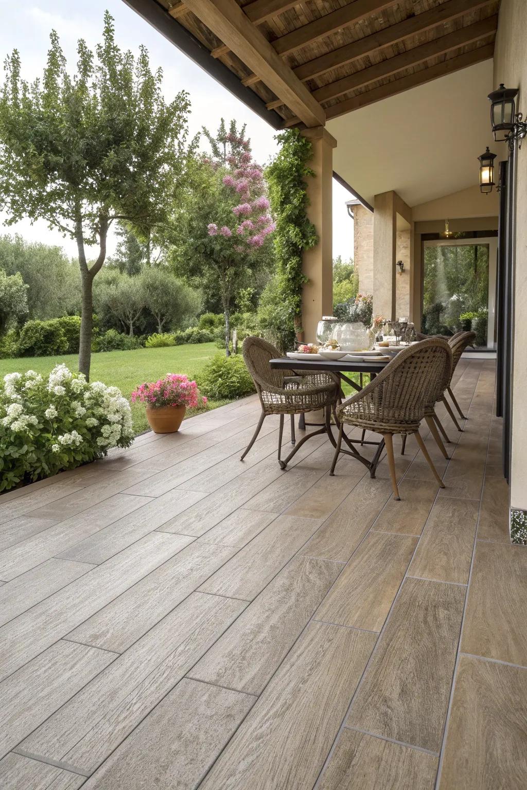 Porcelain tiles offer the beauty of wood with added durability on this elegant veranda.