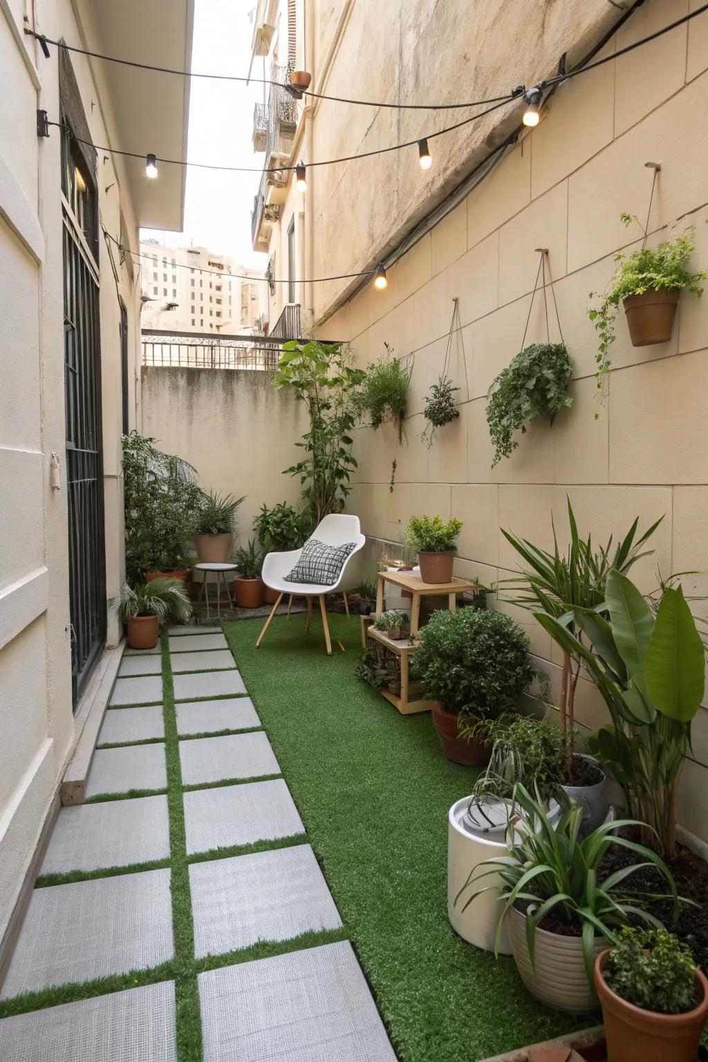 Turf tiles bring a touch of green to this urban veranda, offering the softness of grass without the upkeep.