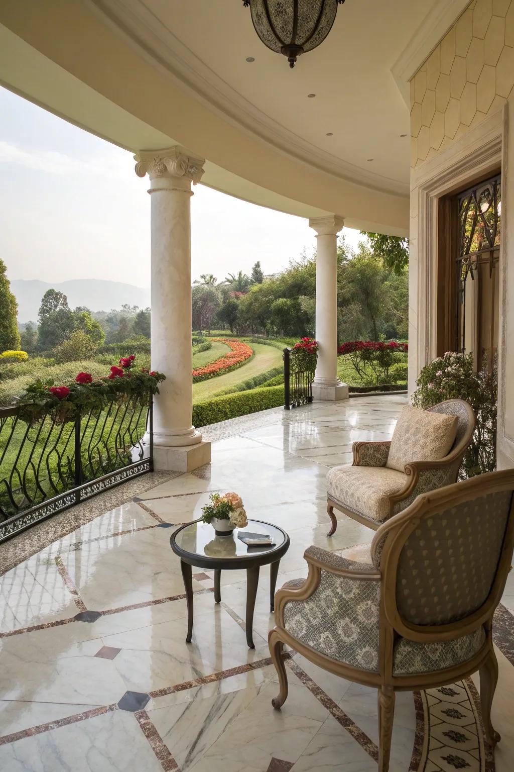 Marble flooring adds a luxurious touch to this sophisticated veranda.