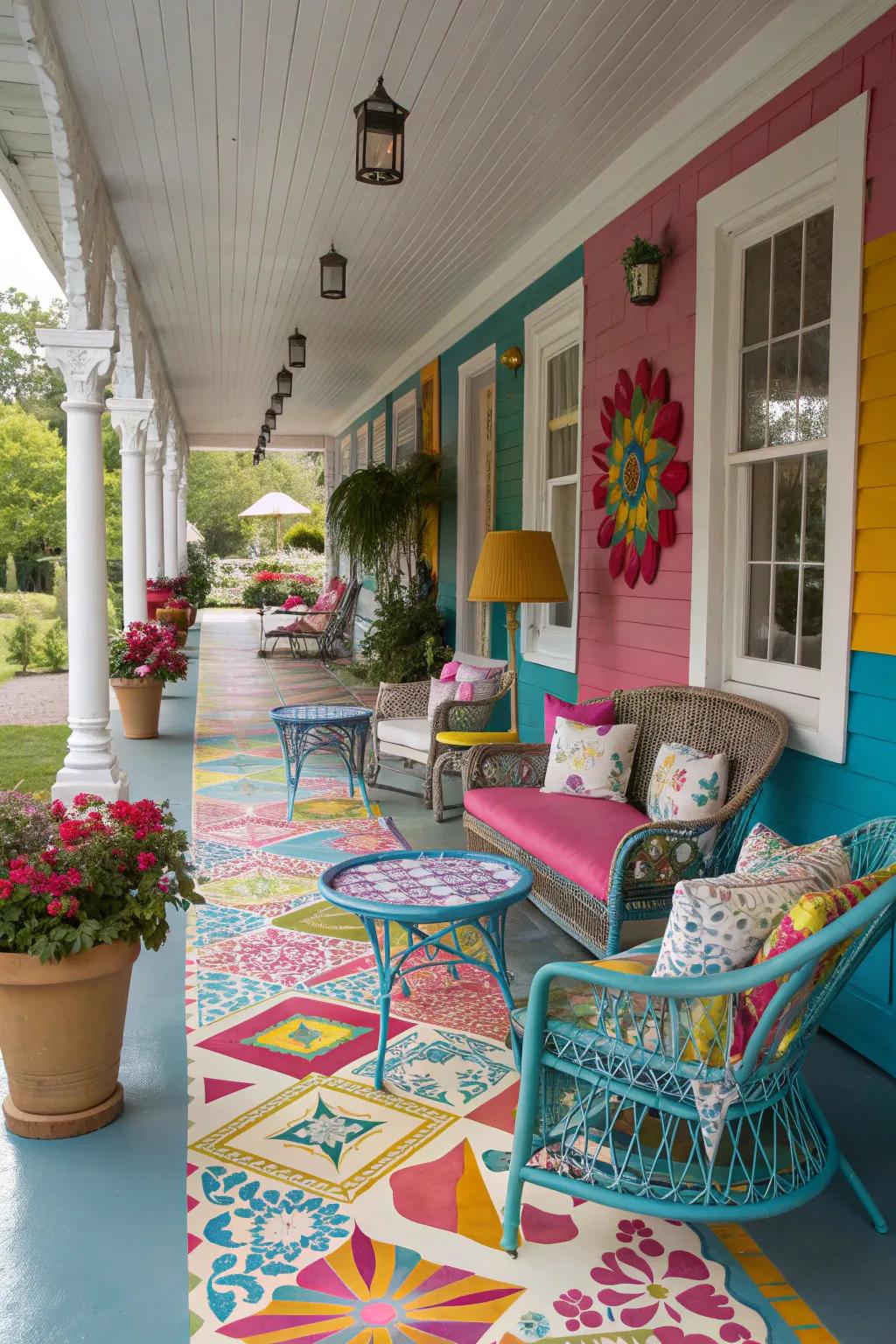 Painted floors offer a vibrant, custom design on this creative veranda.
