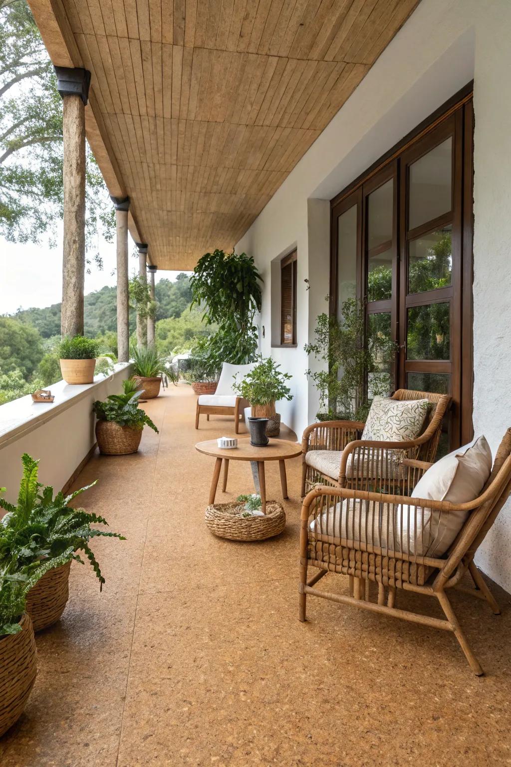Cork flooring offers a sustainable and comfortable option for this eco-friendly veranda.