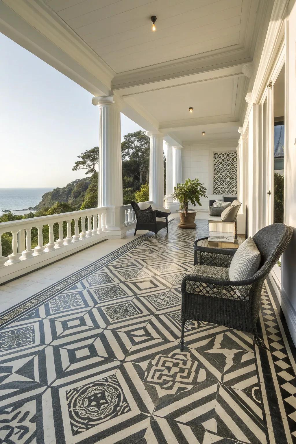 Geometric patterns create a bold, modern statement on this artistic veranda.