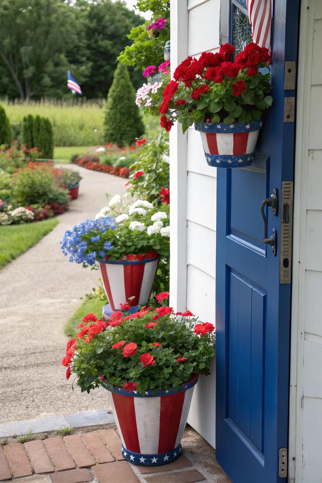 Colorful flower pots bring life and patriotism to your doorstep.