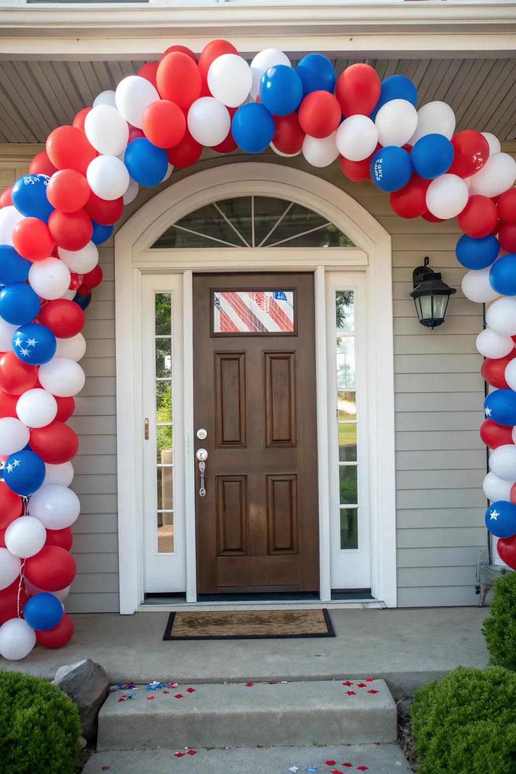 A balloon arch creates a dramatic and festive entrance.