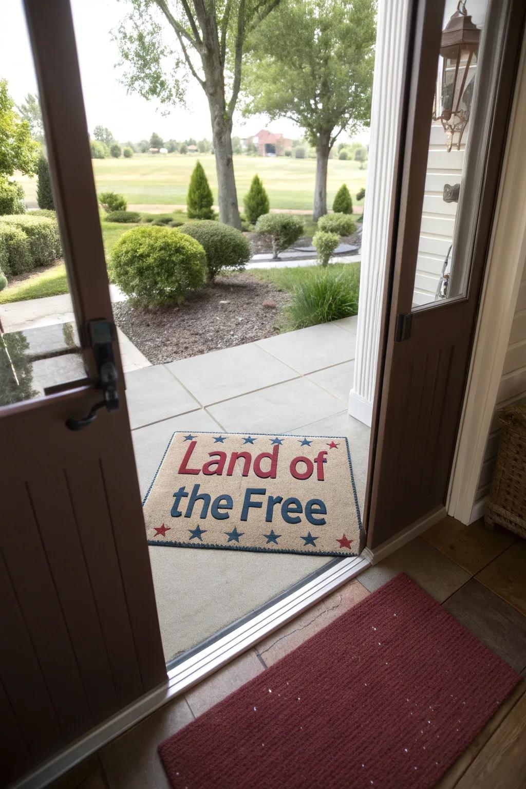 A welcome mat with a patriotic message greets guests with pride.