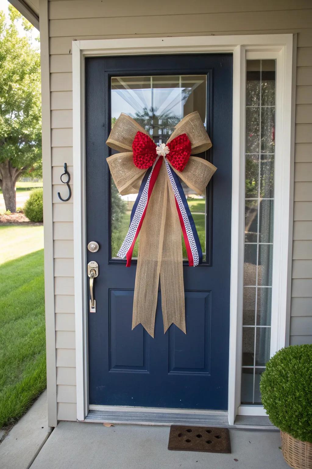 A burlap and lace bow offers rustic elegance with a patriotic twist.