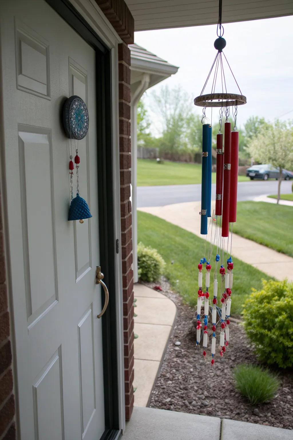 Festive wind chimes add a melodic and welcoming touch.