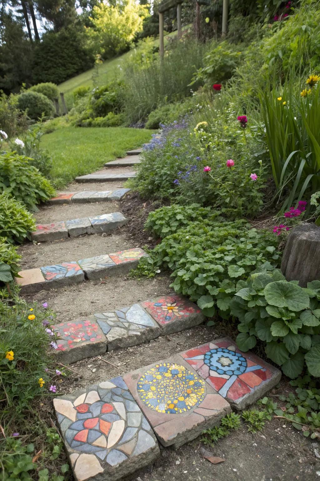 A pathway with artistic mosaic accents
