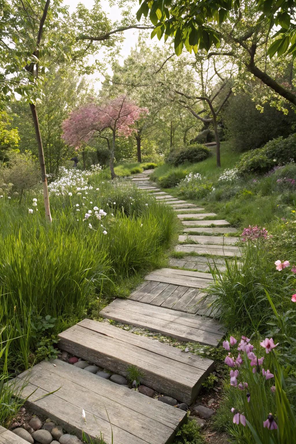 A rustic-modern path with wood and stone