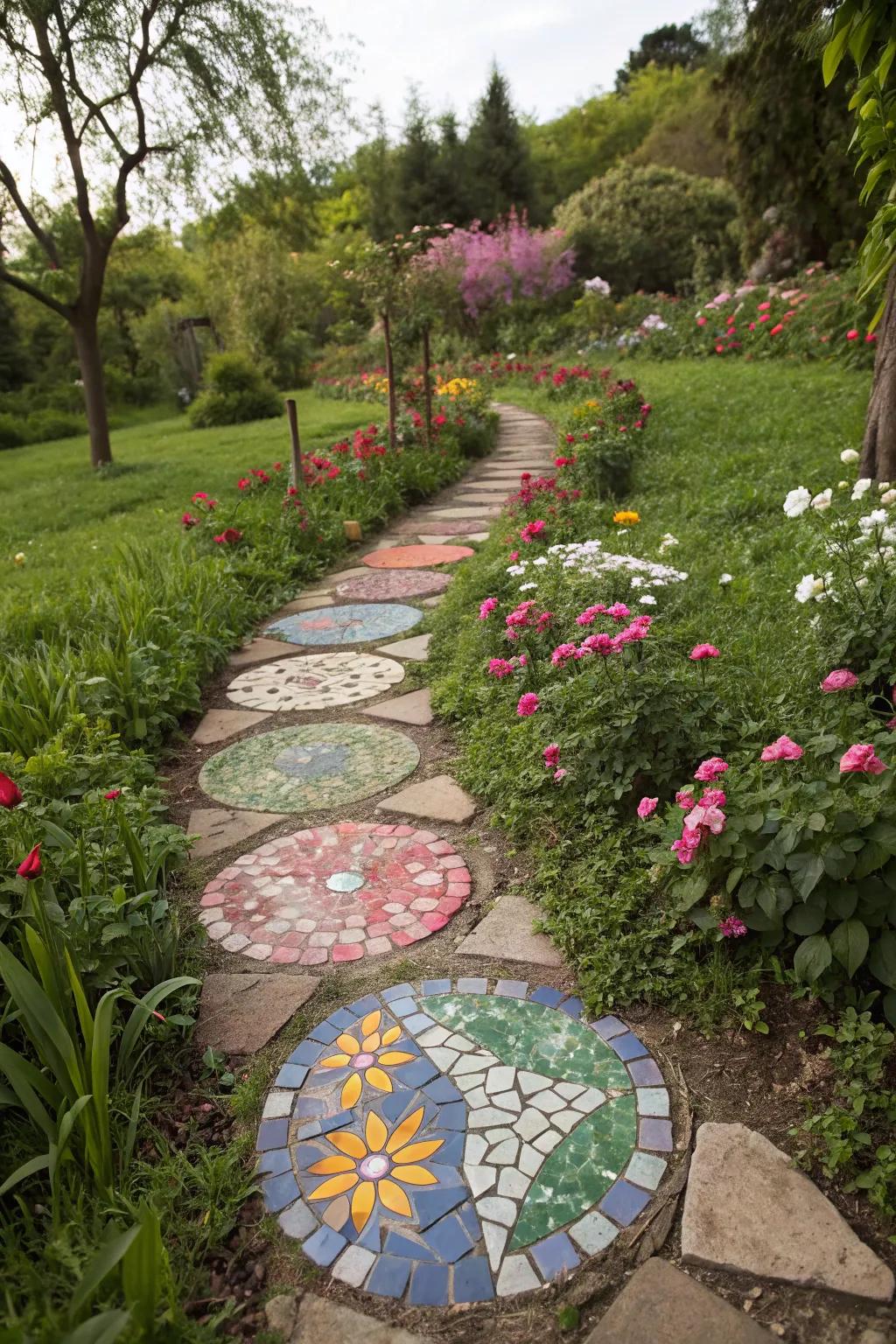 A colorful mosaic stepping stone path