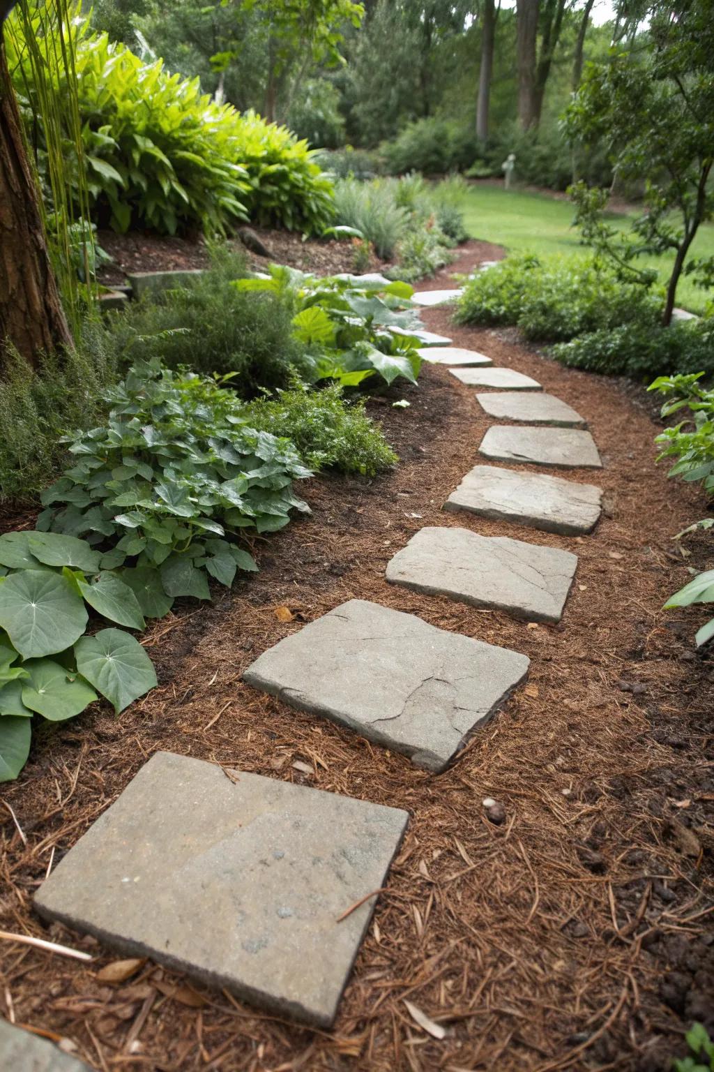An elevated path with stepping stones on mulch