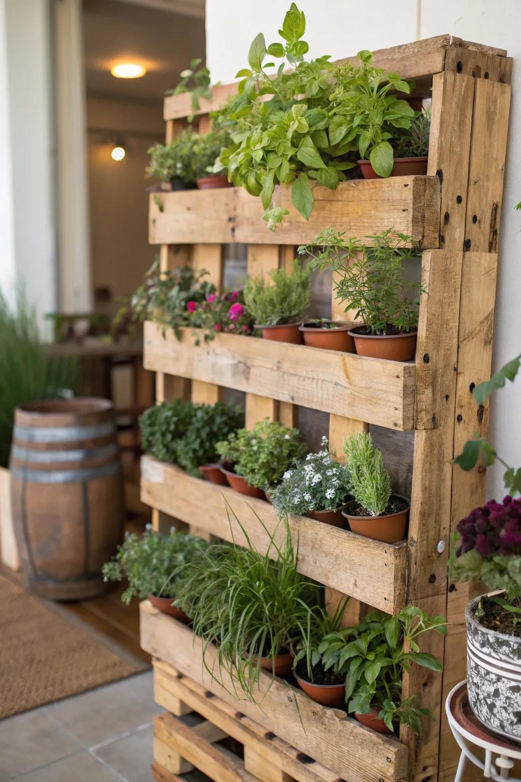 A vertical pallet garden brings greenery to any small space.