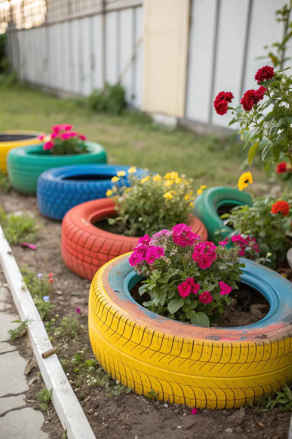 Repurposed tires make for playful and eco-friendly planters.