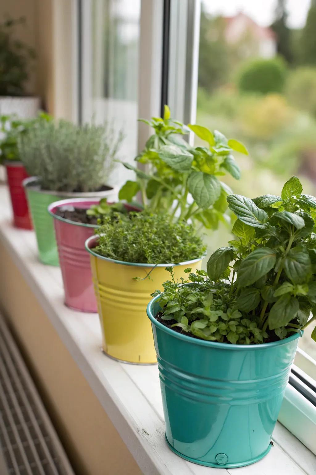 Colorful buckets filled with herbs make a lively kitchen garden.