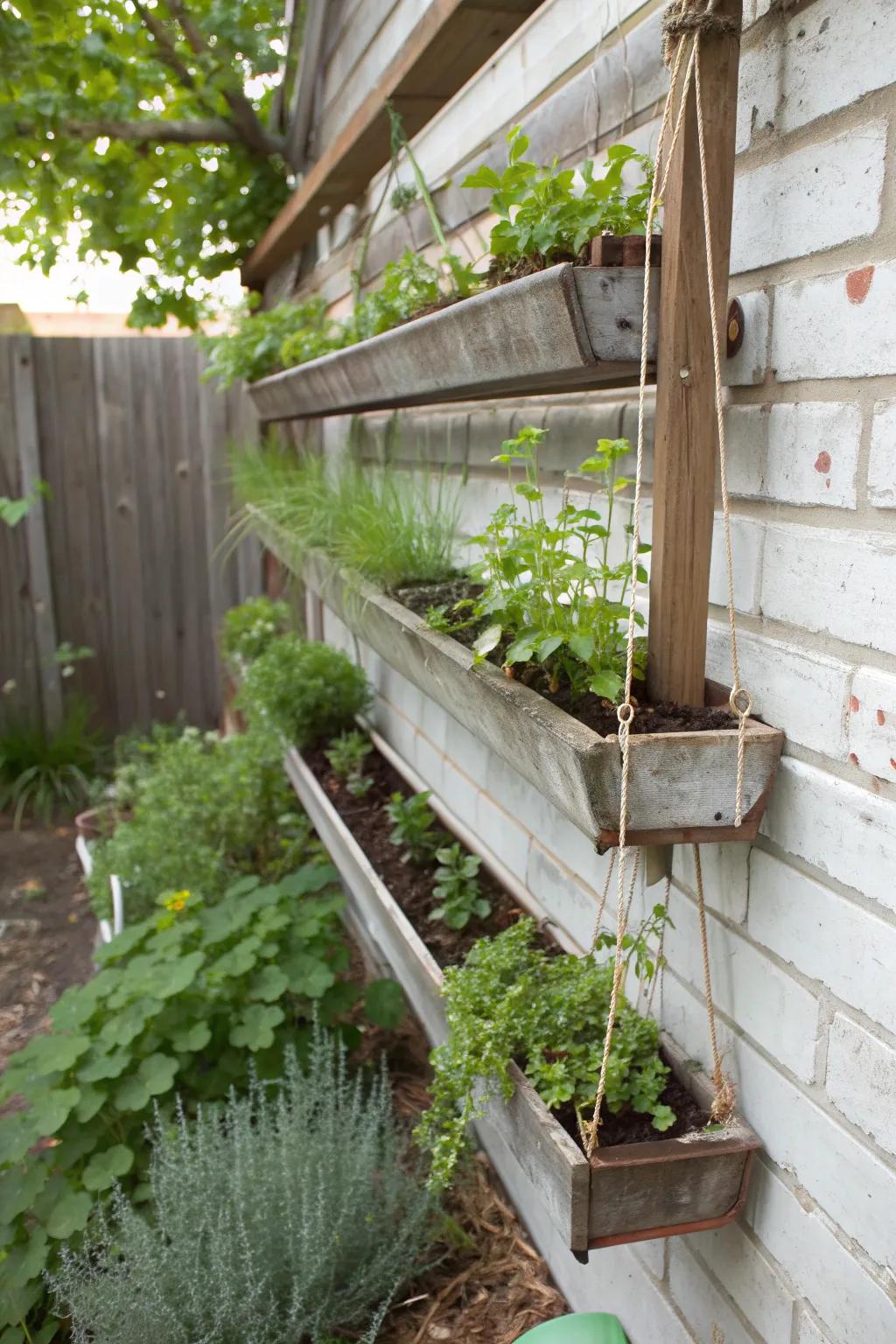 A hanging gutter garden brings greenery to vertical spaces.