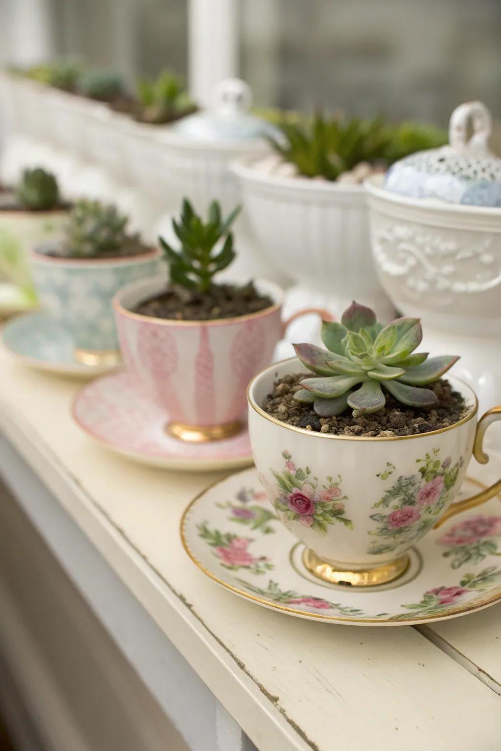 Teacups filled with succulents create charming indoor displays.
