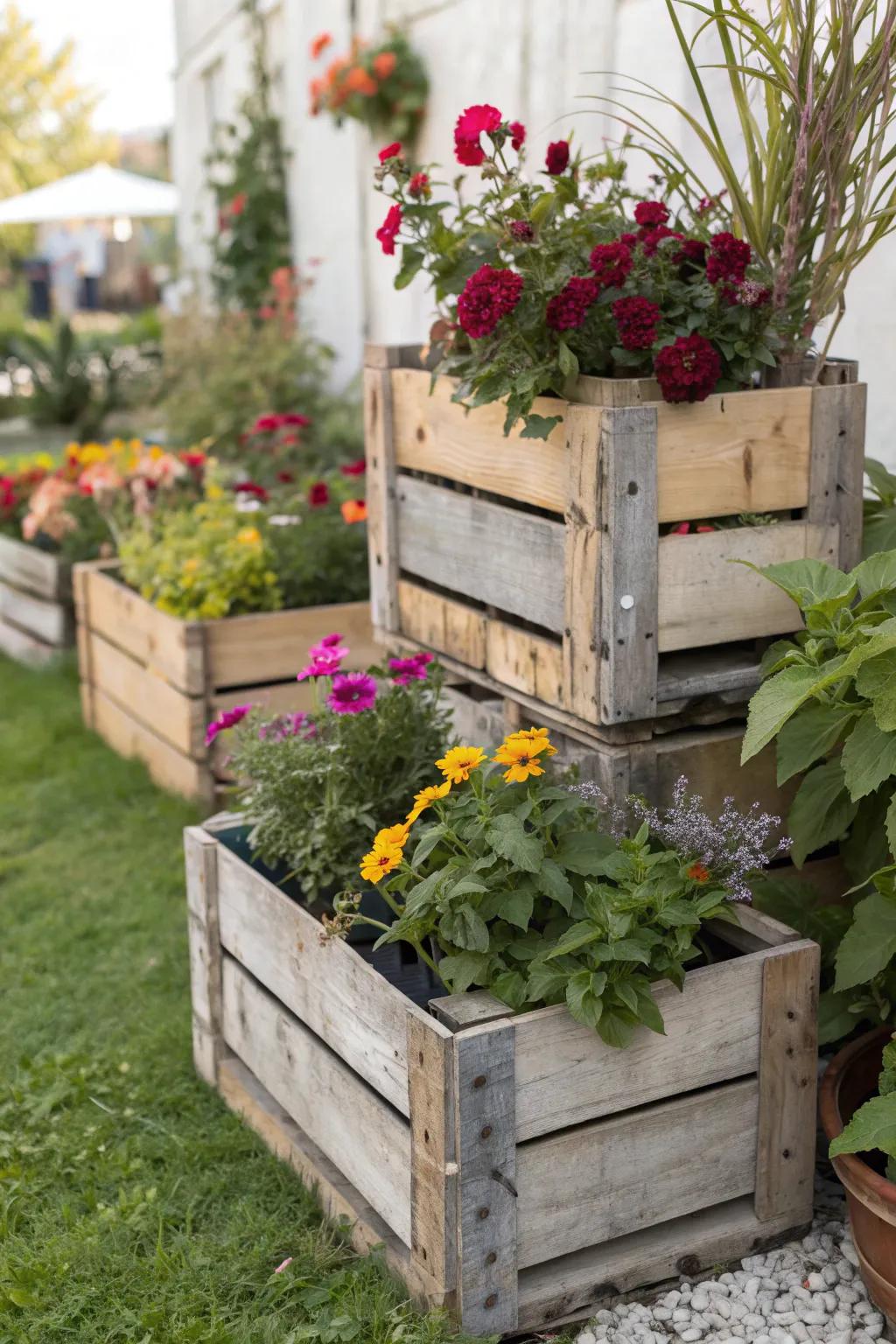 Wine crate planters offer a chic, rustic look for your garden.