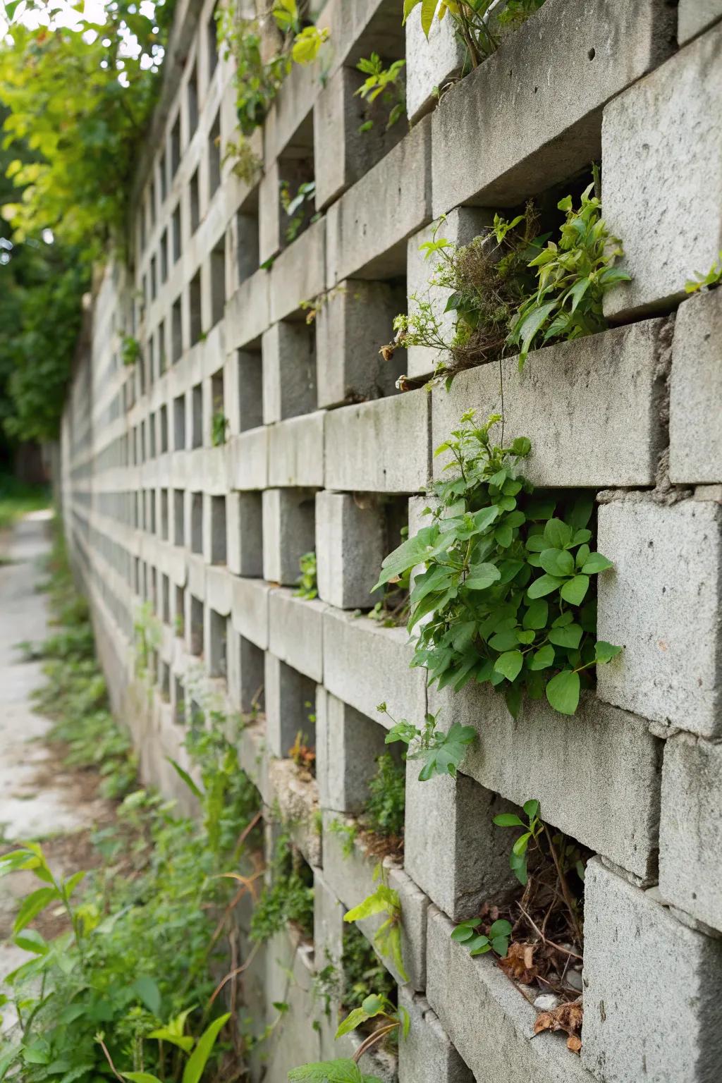 A cinder block planter wall creates a striking garden feature.